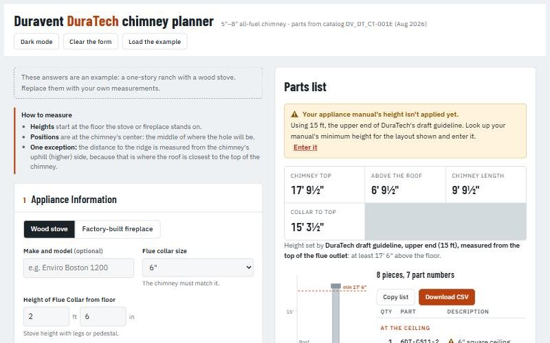Screenshot of the DuraTech Chimney Planner form and generated parts list